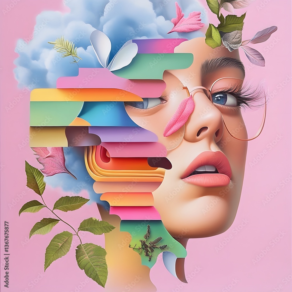 Poster mesmerizing digital artwork featuring a surreal abstract portrait with a face blended with vibrant c