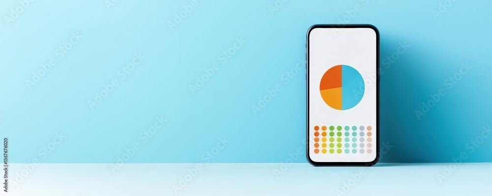 Poster productivity tools task minimalist concept. phone with data visualization on a blue background.