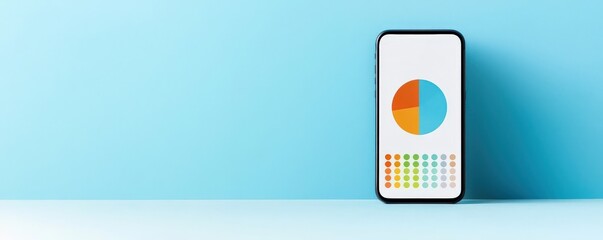 Productivity Tools task minimalist concept. Phone with data visualization on a blue background.