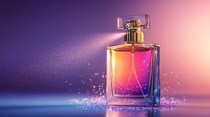 Elegant glass perfume bottle spraying fragrance with colorful, artistic light.