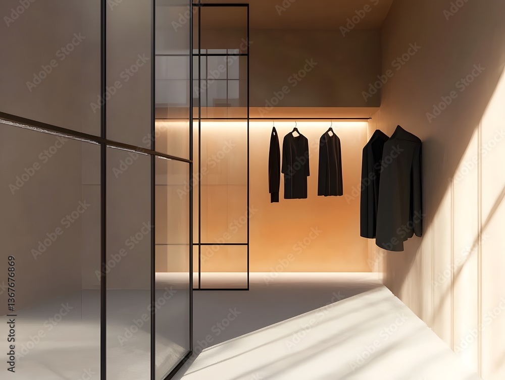 Poster minimalist open wardrobe with neatly hung monochrome clothing such as black and white garments in a 