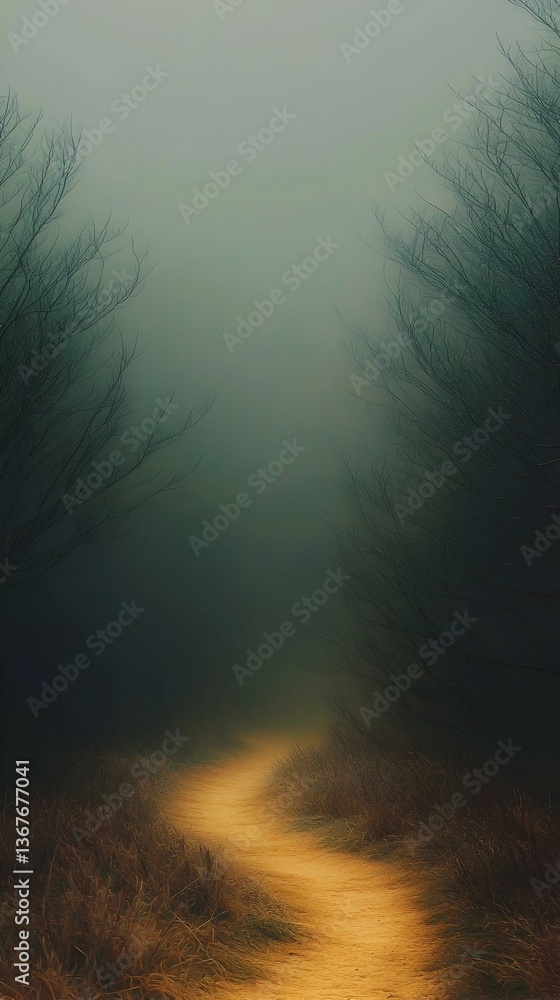 Poster mystical fog shrouds a winding path through leafless trees, creating a serene and enigmatic landscap