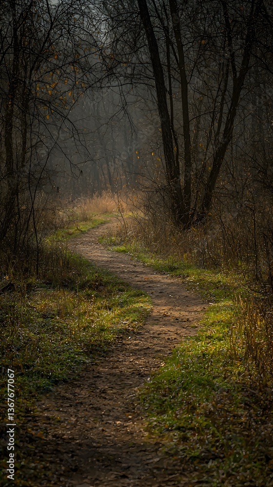Poster serene autumnal path winding through a mystical forest. sunlight filters through the bare branches, 