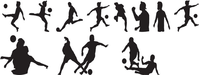 Vector set silhouettes of Soccer player kicking ball, abstract isolated vector silhouette, footballer logo