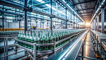 Fototapeta premium Industrial Conveyor Belt: Glass Bottles Factory Production Line
