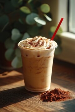 Iced Coffee in Transparent Plastic Cup with Cream and Chocolate Powder. Cocoa on Wooden Tabletop and Sunlit Window Enhance Warm Atmosphere