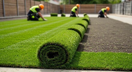 Obraz premium Workers expertly install lush green sod rolls under bright sunlight creating a vibrant new lawn.. AI Generated