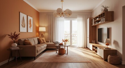 Fototapeta premium 温かい日差しが差し込む、落ち着く秋のインテリア 広々リビング