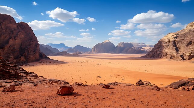 Scenic Wadi Rum Desert Landscape with Red Sand and Rock Formations
