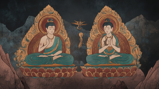 Twin Buddha Statue Art  Bronze Sculpture  Cultural Artifacts  Museum Collection	