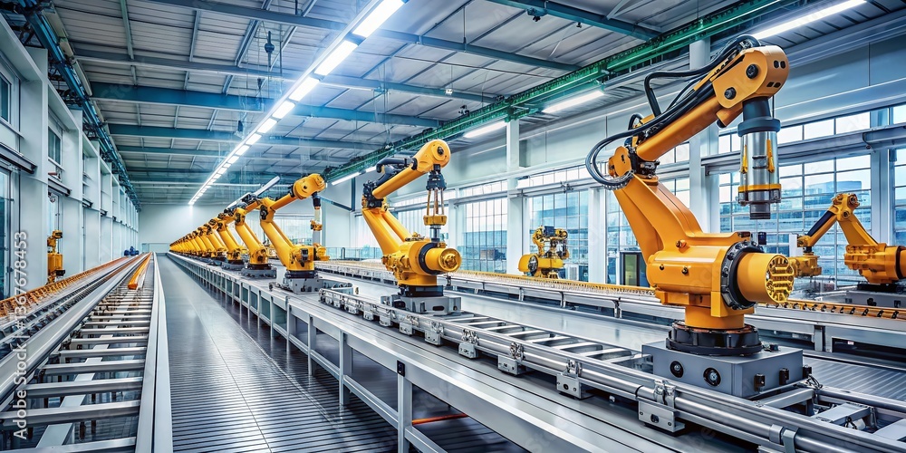 Poster industrial robots assembling circuit boards on conveyor belt - advanced automation in modern manufac