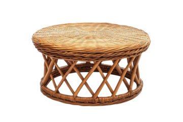 Artisanal round wicker coffee table crafted from natural materials for contemporary living spaces isolated on transparent background