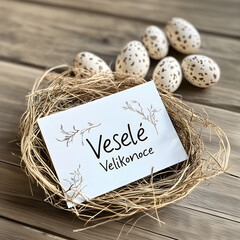 vesele velikonoce! easter greetings in czech languague on simple, rustic, environmentally friendly background