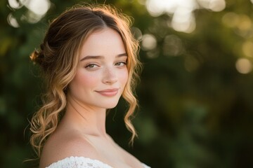 Naklejka premium Radiant young woman with soft curls, glowing skin, and serene ex