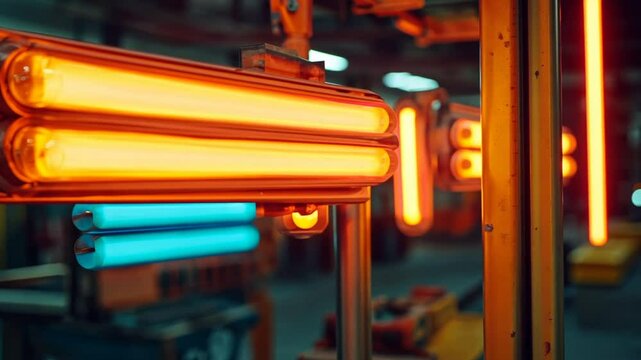 Industrial Interior with Brightly Lit Orange and Blue Tubes