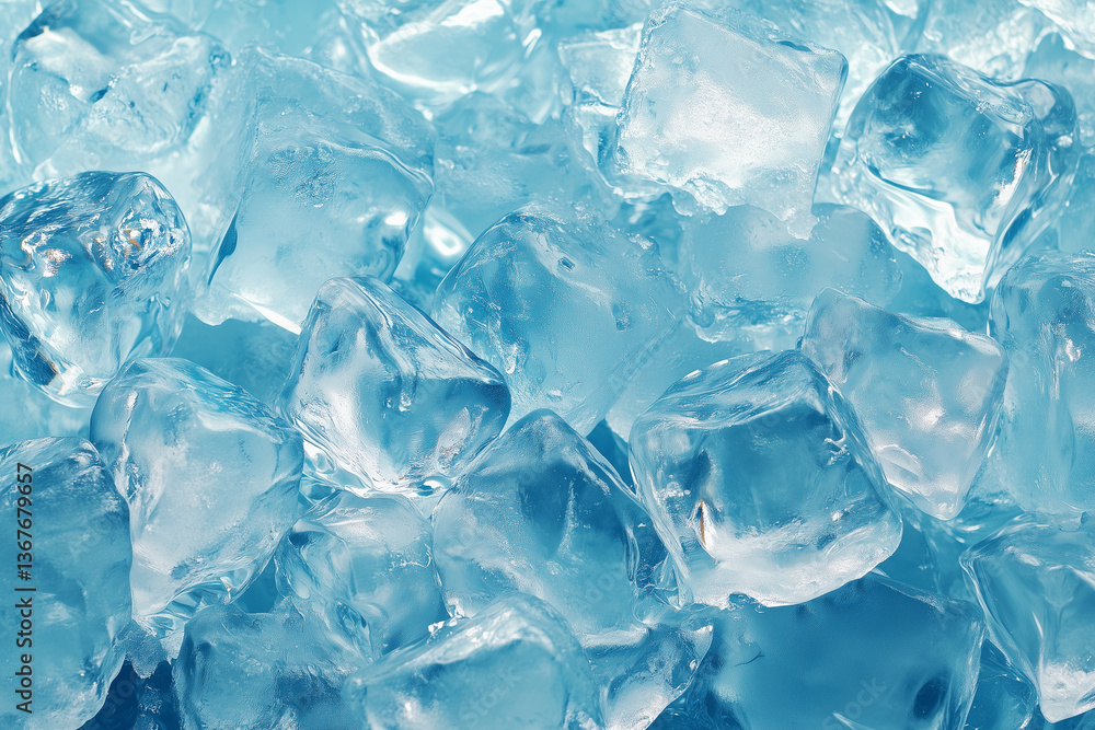 Poster close up of ice cubes in a blue container. the ice cubes are all different sizes and are scattered t