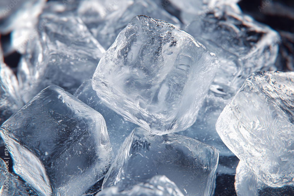 Poster close up of a pile of ice cubes. the ice cubes are all different sizes and are scattered throughout 