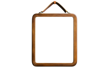 A vintage leather-framed mirror on a white wall reflects elegance in a serene room isolated on transparent background