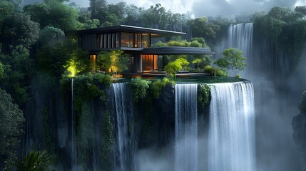 A floating island house surrounded by misty waterfalls and greenery