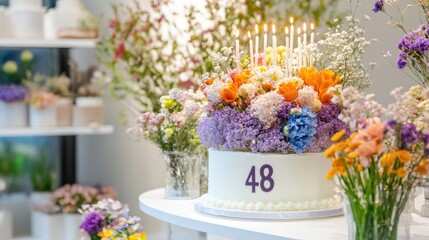 Floral-themed cake with number 48 candles, arranged beautifully on a white dessert table