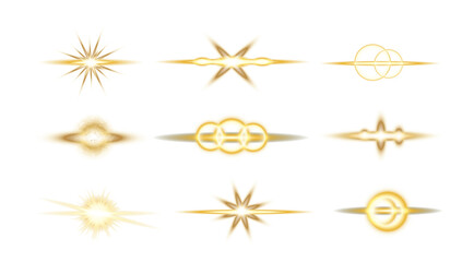 Sparkling Shine glowing stars. Flash, Realistic flares. Glowing effects Glowing effects. Stars in space. Isolated glints set. Sparkle glares. Vector shimmering elements.