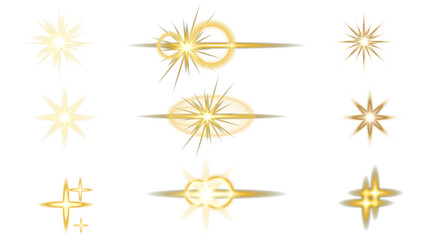 Light rays of light set. Golden color with glare and flashes isolated on a transparent background. Light star gold. Stars in space. Isolated glints set. Sparkle glares. Vector shimmering elements.