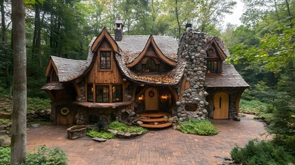A fairytale-inspired woodland cottage with carved wooden details
