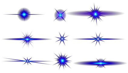 Glowing stars.Amazing huge nebula. Realistic flares. Blue Flash. Stars in space. Isolated glints set. Sparkle glares. Vector shimmering elements. Stars in space. Sparkle glares. 