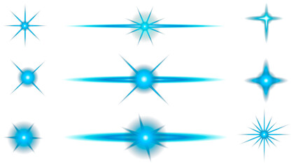 Set of stars. Icon snowflake. Stars in space. Isolated glints set. Sparkle glares. Vector shimmering elements.Set of Transparent background.Realistic flares. Blue Flash. Glowing effects.