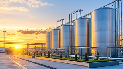 Obraz premium A modern industrial facility featuring large metallic tanks under a vibrant sunset sky, showcasing advanced engineering and design.