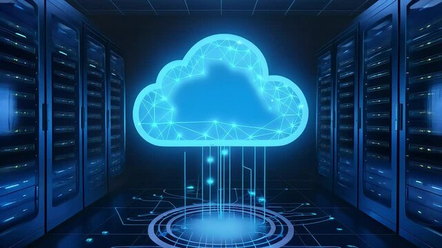 A futuristic image of a cloud icon with data streams, set against a backdrop of server racks, representing cloud computing and data storage. Ideal for content about cloud technology, data management, 