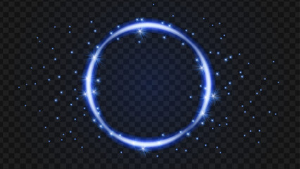 Realistic flares. Blue Flash luxury glitter. Glowing effects. Stars in space. A circle of glowing sparks. Logo design frame.Isolated glints set. Sparkle glares.Vector shimmering elements