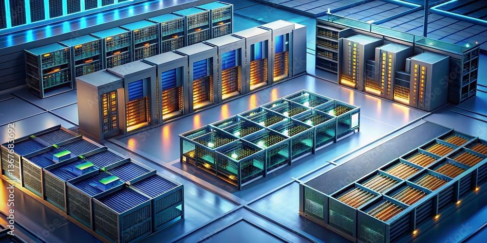 Poster isometric 3d data center server room network technology infrastructure top view