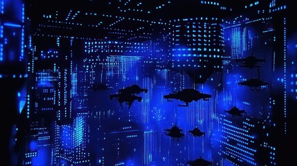 Futuristic city illustration with UFOs flying over a digital, blue cityscape.