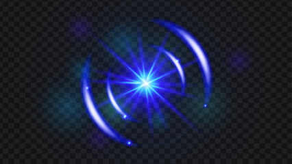 Powerful Flashlight.Realistic flares.Blue Flash. Glowing effects. Glowing effects light or sunlight reflection from lens. Stars in space. Isolated glints set. Sparkle glares.Vector shimmering elements