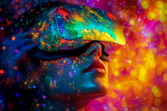 Exploring virtual reality a woman immersed in vibrant colors wearing a vr headset experience future tech