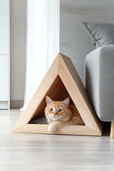 Ginger cat in a wooden cat house
