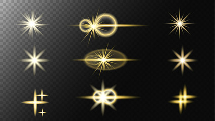 Golden stars, sparks,snowflakes.Glowing effects light or sunlight reflection from lens. Stars Isolated glints set png golden party and anniversary celebration.Sparkle glares,shimmering elements.