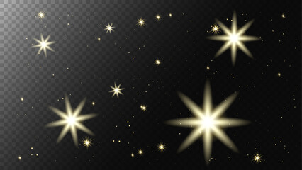 Golden Stars in space. Isolated glints set. Sparkle glares.Vector shimmering elements.Sparkling Shine light effect. Glitter luxury stars set on transparent background.Design illustration for banner.