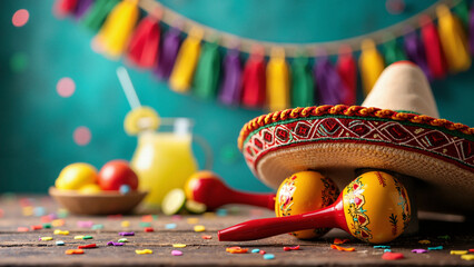 Vibrant Mexican Sombrero and Maracas Isolated on Transparent Background for Cinco de Mayo Celebrations and Cultural Marketing