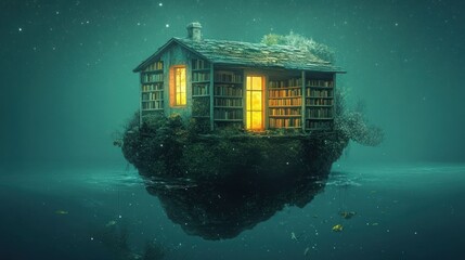A cozy library house on a tiny island in a dreamy, surreal, tranquil setting.