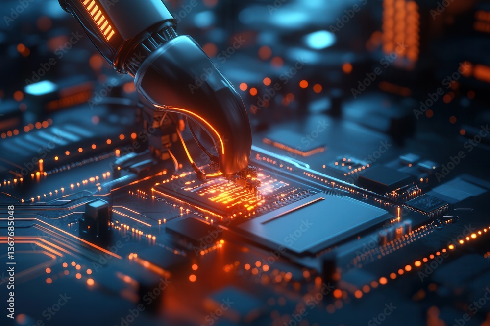 Poster advanced manufacturing technology with robotic arm assembling microchips in a high-tech, cyberpunk-i