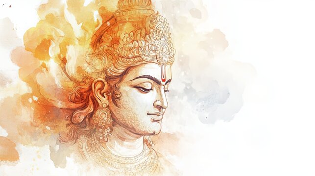 Lord Indra depicted in subtle watercolor sketch showcasing divine features on a serene white background
