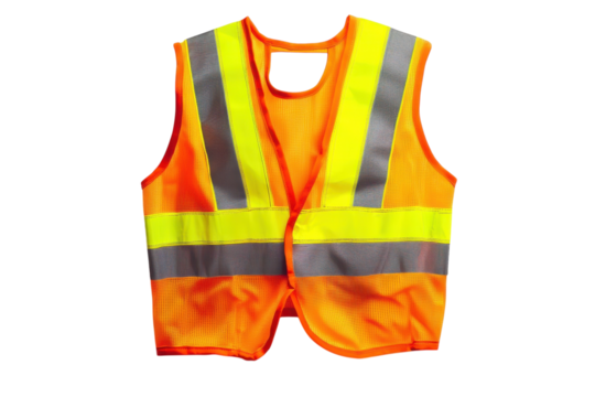 Bright safety vest laid flat, showcasing reflective stripes for improved visibility during work isolated on transparent background