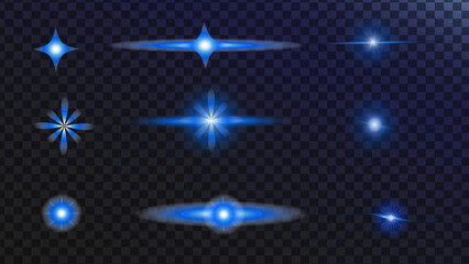 Set Stars Blue Flash. Glowing effects.Stars in space. Isolated glints set. Sparkle glares.Vector shimmering elements amazing huge nebula and glowing stars cluster in universe.