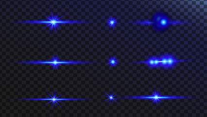 Blue Flash.  Wind glare, explosions, shine, dust, lines, solar. Glowing effects light or sunlight reflection from lens. Stars in space. Isolated glints set. Sparkle glares.Vector shimmering elements.