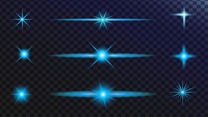 Blue Flash glow particle. Glowing effects light or sunlight reflection from lens. Stars in space. Isolated glints set. Sparkle glares.Vector shimmering elements star effect.