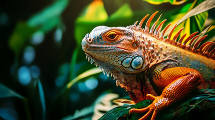 Obraz premium A green iguana perched on a tree branch in the wild with close-up details of its textured skin and scales