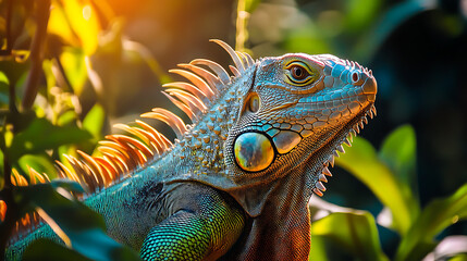 Obraz premium A green iguana perched on a tree branch in the wild with close-up details of its textured skin and scales