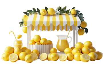 A Sunny Lemonade Stand Overflowing With Bright, Juicy Lemons, Ready To Quench Your Thirst On A Hot Summer Day, Under A Cheerful Yellow And White Striped Awning Isolated on Transparent Background